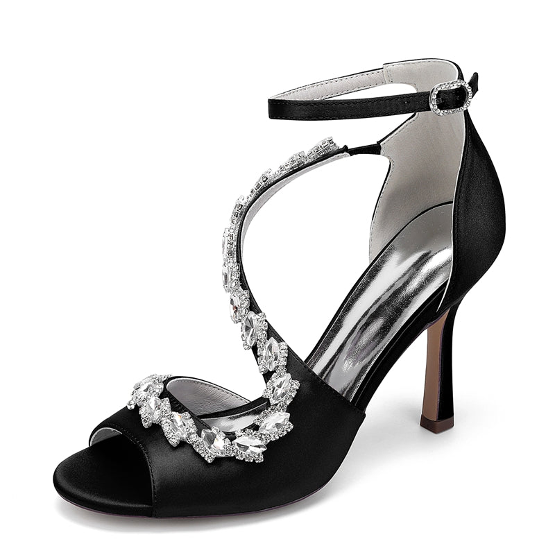 Women's Wedding Shoes Peep Toe High Heel Ankle Strap Buckle Bridal Shoes with Crystals