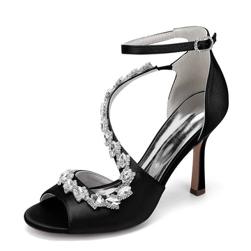 Women's Wedding Shoes Peep Toe High Heel Ankle Strap Buckle Bridal Shoes with Crystals