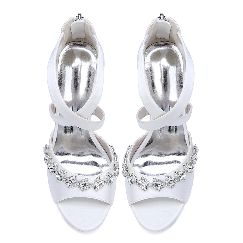 Women's Wedding Shoes High Heel Crossed Straps Opened Toe Bridal Shoes with Shining Crystals