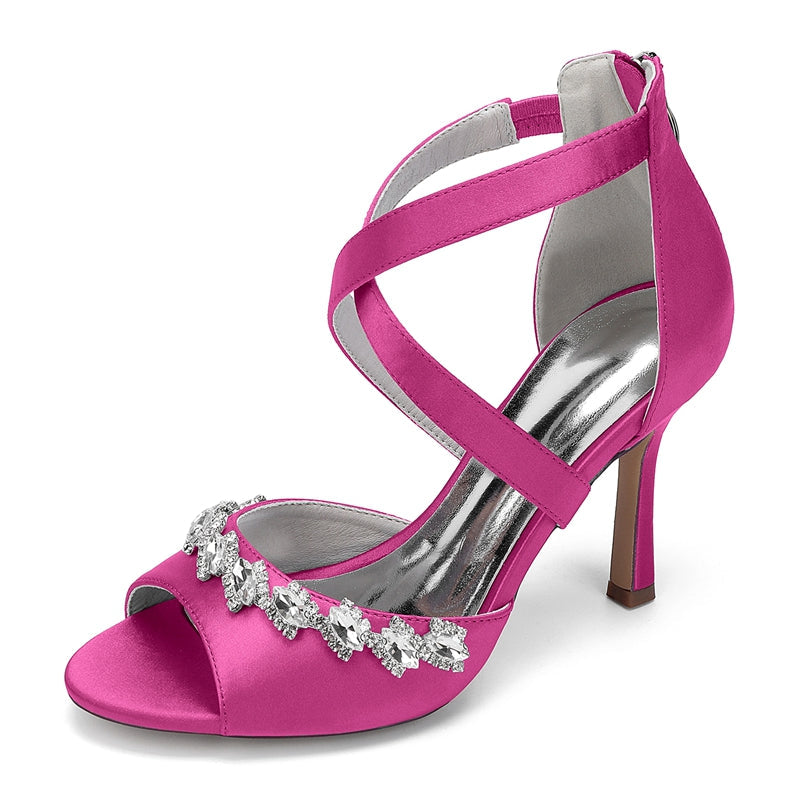 Women's Wedding Shoes High Heel Crossed Straps Opened Toe Bridal Shoes with Shining Crystals