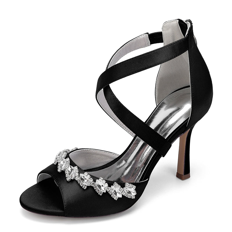 Women's Wedding Shoes High Heel Crossed Straps Opened Toe Bridal Shoes with Shining Crystals