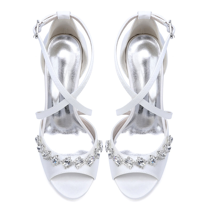 Women's Wedding Shoes Peep Toe High Heel Crossed Straps Buckle Bridal Shoes with Crystals