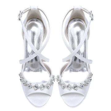 Women's Wedding Shoes Peep Toe High Heel Crossed Straps Buckle Bridal Shoes with Crystals
