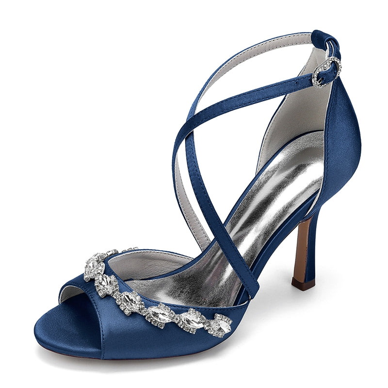 Women's Wedding Shoes Peep Toe High Heel Crossed Straps Buckle Bridal Shoes with Crystals