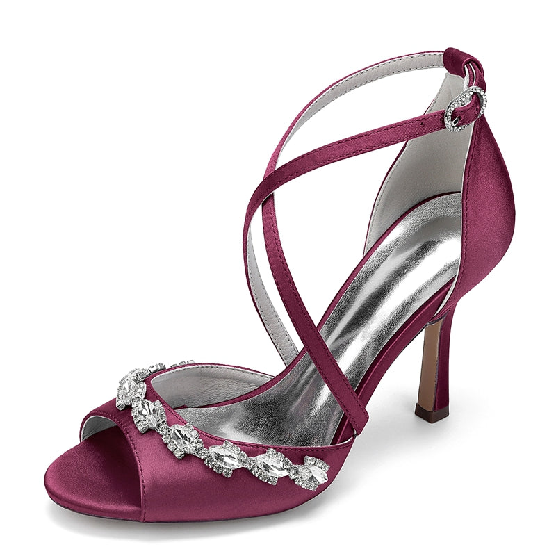 Women's Wedding Shoes Peep Toe High Heel Crossed Straps Buckle Bridal Shoes with Crystals