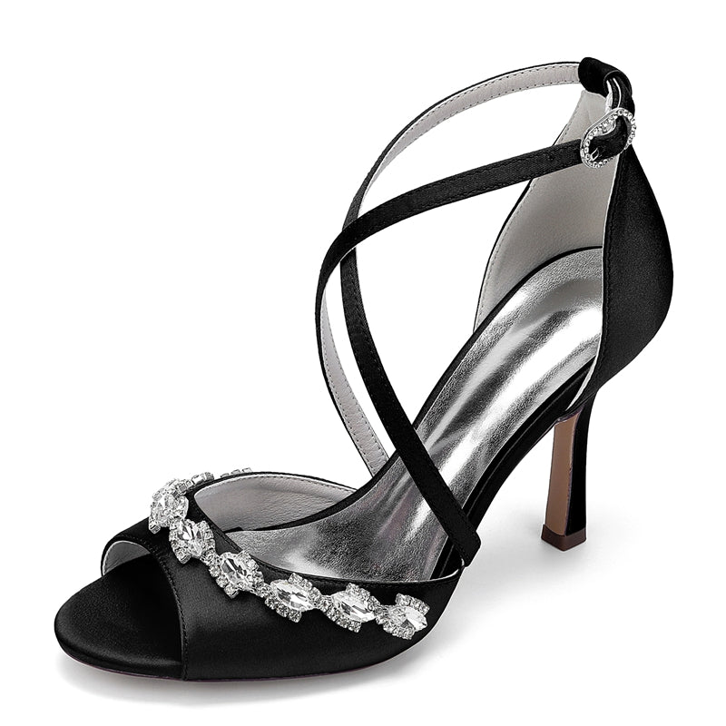 Women's Wedding Shoes Peep Toe High Heel Crossed Straps Buckle Bridal Shoes with Crystals