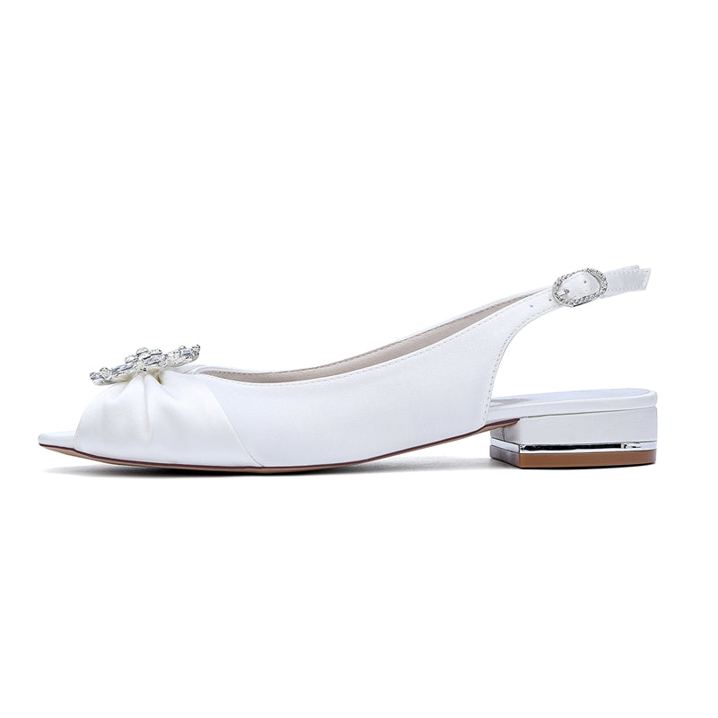 Women's Wedding Shoes Low Heel Peep Toe Buckle Bridal Shoes with Floral Crystals