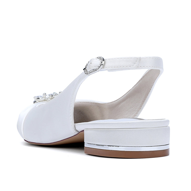 Women's Wedding Shoes Low Heel Peep Toe Buckle Bridal Shoes with Floral Crystals