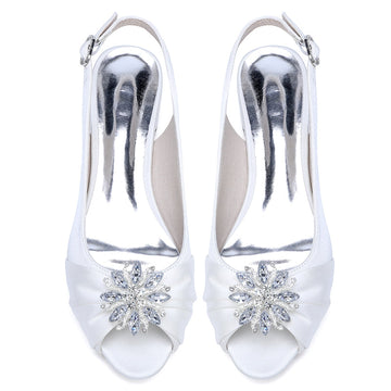 Women's Wedding Shoes Low Heel Peep Toe Buckle Bridal Shoes with Floral Crystals