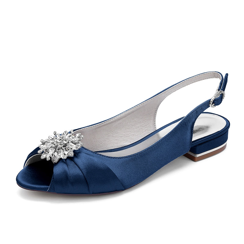 Women's Wedding Shoes Low Heel Peep Toe Buckle Bridal Shoes with Floral Crystals