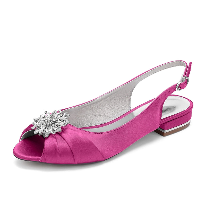 Women's Wedding Shoes Low Heel Peep Toe Buckle Bridal Shoes with Floral Crystals