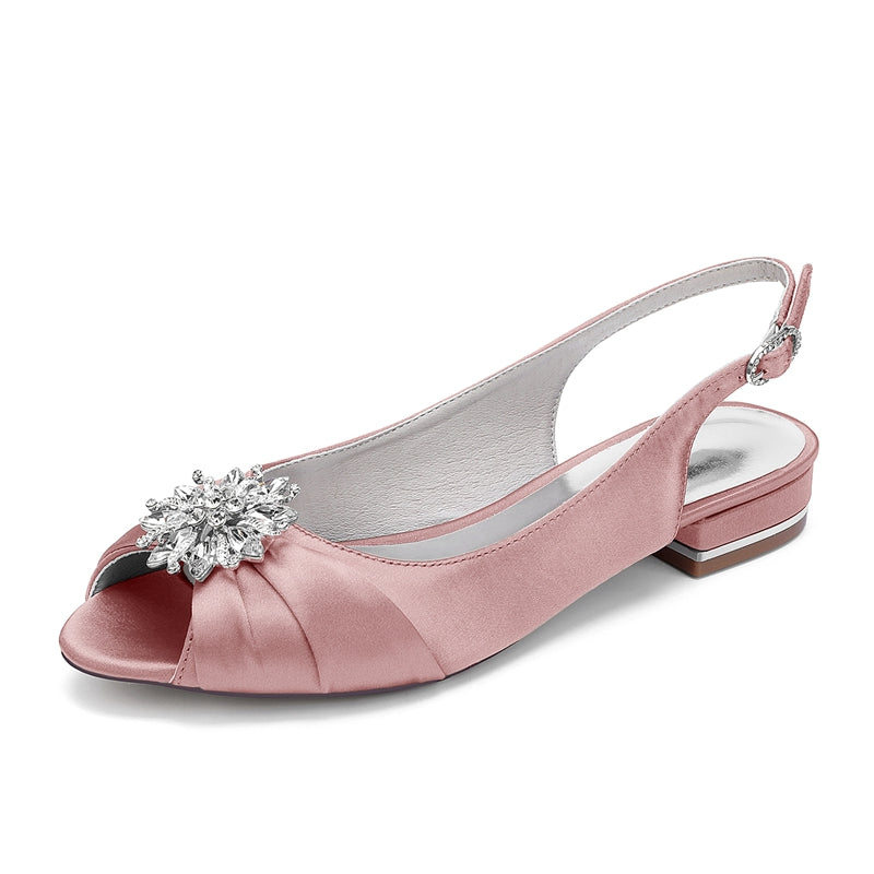Women's Wedding Shoes Low Heel Peep Toe Buckle Bridal Shoes with Floral Crystals
