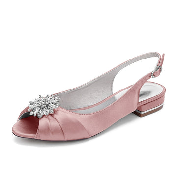 Women's Wedding Shoes Low Heel Peep Toe Buckle Bridal Shoes with Floral Crystals