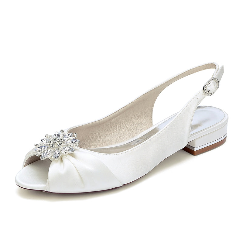 Women's Wedding Shoes Low Heel Peep Toe Buckle Bridal Shoes with Floral Crystals