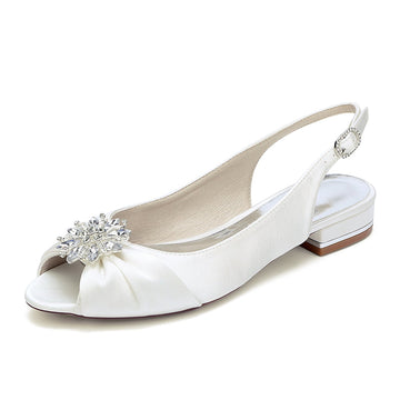 Women's Wedding Shoes Low Heel Peep Toe Buckle Bridal Shoes with Floral Crystals