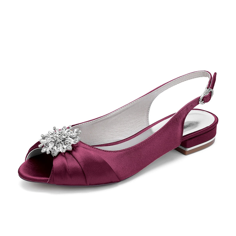 Women's Wedding Shoes Low Heel Peep Toe Buckle Bridal Shoes with Floral Crystals