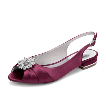 Women's Wedding Shoes Low Heel Peep Toe Buckle Bridal Shoes with Floral Crystals