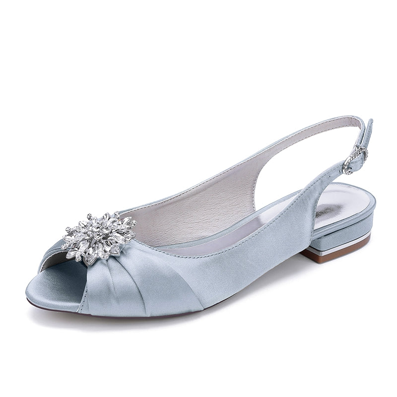 Women's Wedding Shoes Low Heel Peep Toe Buckle Bridal Shoes with Floral Crystals