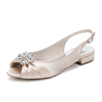 Women's Wedding Shoes Low Heel Peep Toe Buckle Bridal Shoes with Floral Crystals