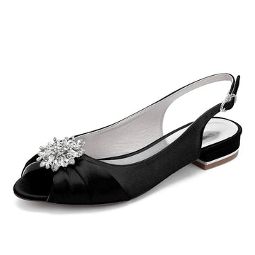 Women's Wedding Shoes Low Heel Peep Toe Buckle Bridal Shoes with Floral Crystals