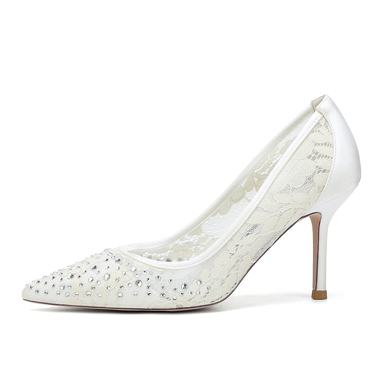 Women's Wedding Shoes Lace Pointed Toe Stiletto Heel Bridal Shoes with Crystals