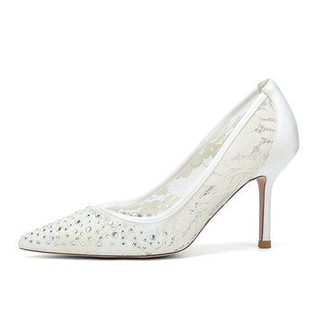 Women's Wedding Shoes Lace Pointed Toe Stiletto Heel Bridal Shoes with Crystals
