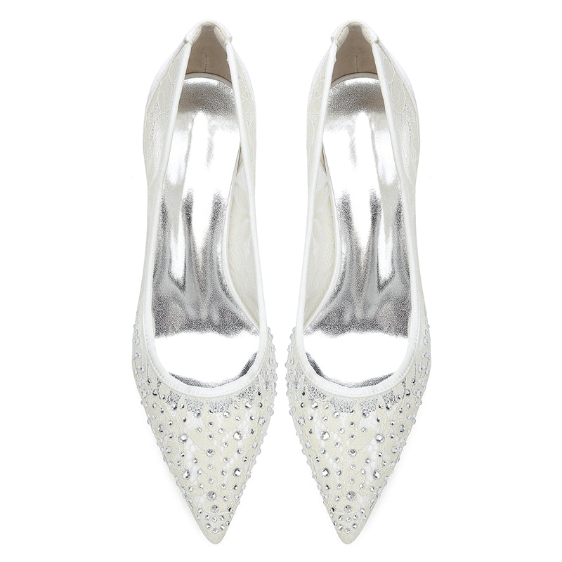 Women's Wedding Shoes Lace Pointed Toe Stiletto Heel Bridal Shoes with Crystals