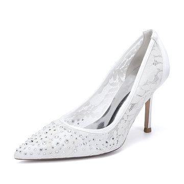 Women's Wedding Shoes Lace Pointed Toe Stiletto Heel Bridal Shoes with Crystals