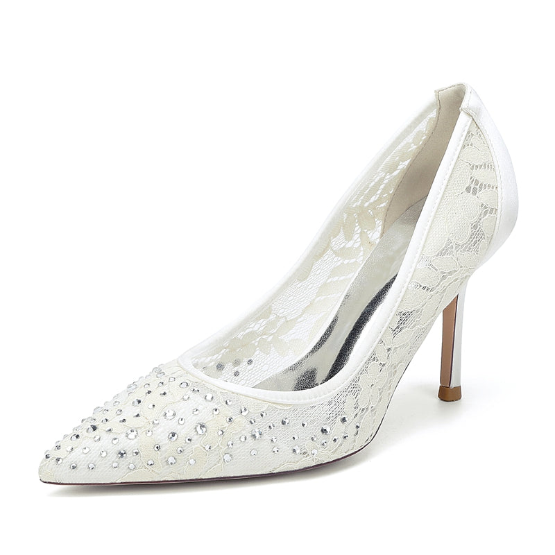 Women's Wedding Shoes Lace Pointed Toe Stiletto Heel Bridal Shoes with Crystals