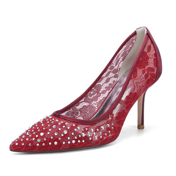 Women's Wedding Shoes Lace Pointed Toe Stiletto Heel Bridal Shoes with Crystals
