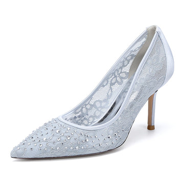 Women's Wedding Shoes Lace Pointed Toe Stiletto Heel Bridal Shoes with Crystals