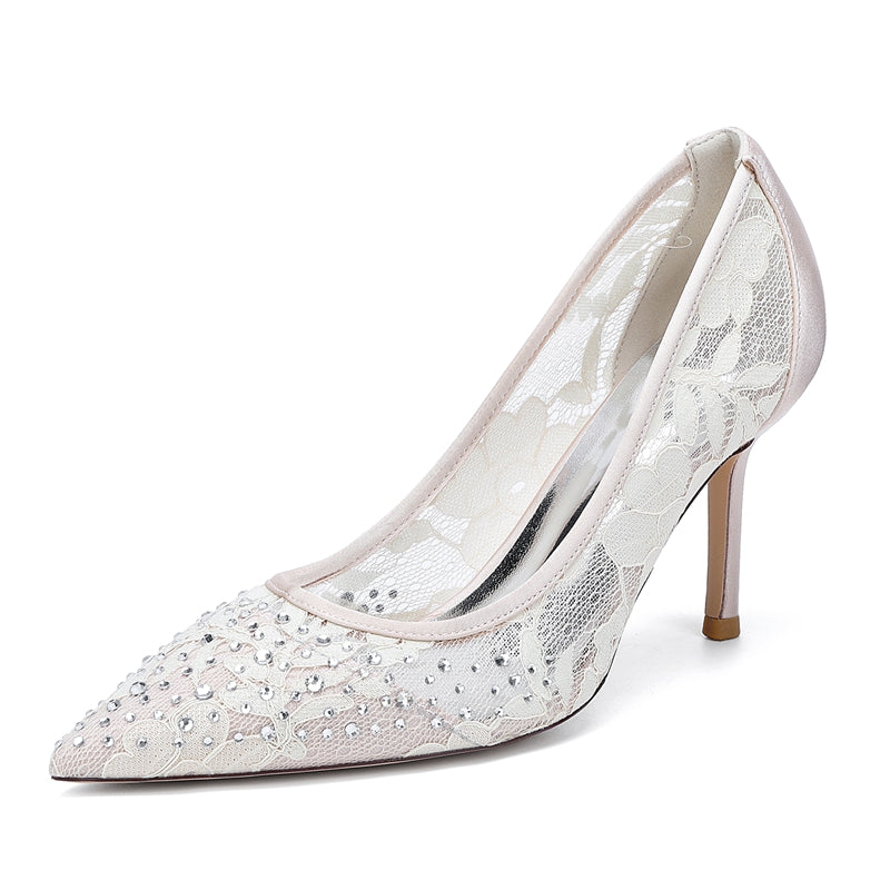 Women's Wedding Shoes Lace Pointed Toe Stiletto Heel Bridal Shoes with Crystals