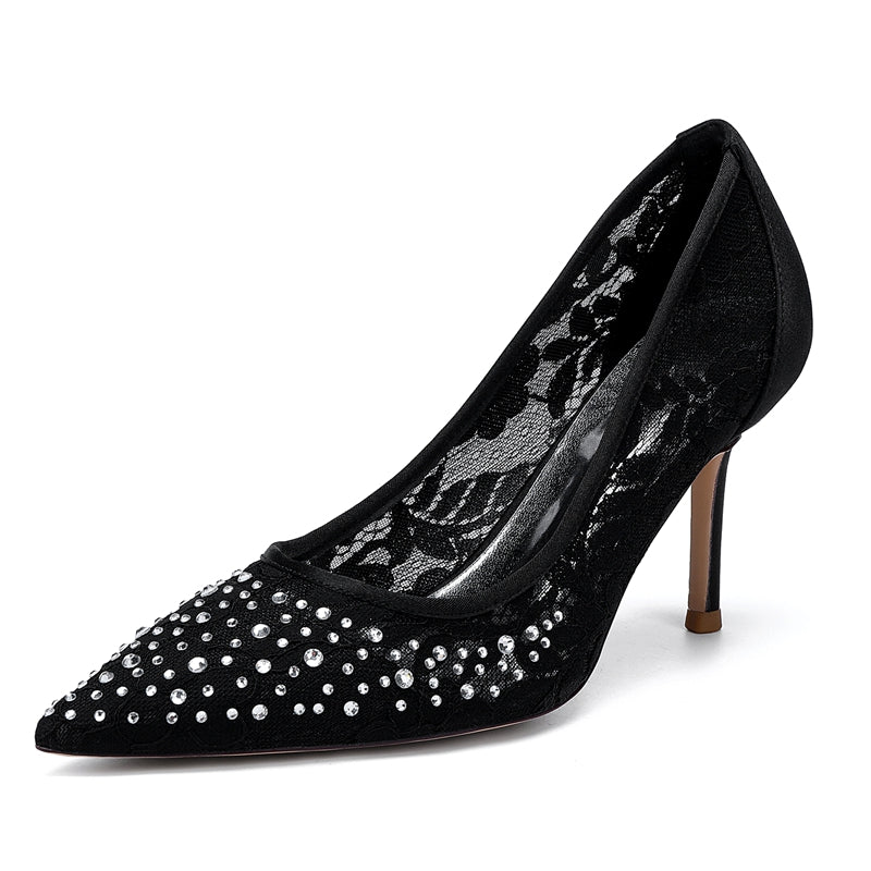 Women's Wedding Shoes Lace Pointed Toe Stiletto Heel Bridal Shoes with Crystals