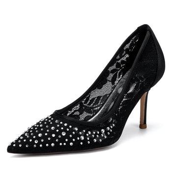Women's Wedding Shoes Lace Pointed Toe Stiletto Heel Bridal Shoes with Crystals