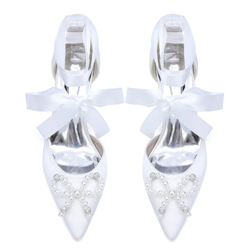 Women's Wedding Shoes High Heel Pointed Toe Ankle Straps Bridal Shoes with Fancy Pearl & Bowknot