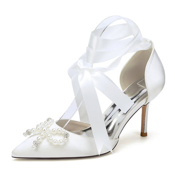Women's Wedding Shoes High Heel Pointed Toe Ankle Straps Bridal Shoes with Fancy Pearl & Bowknot