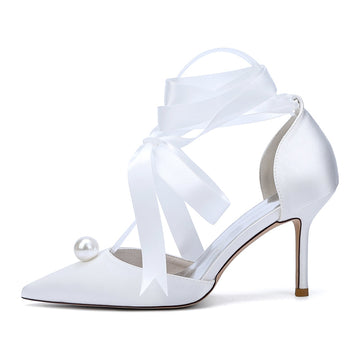 Women's Wedding Shoes Stiletto Heel Pointed Toe Ankle Straps Bridal Shoes with Pearl