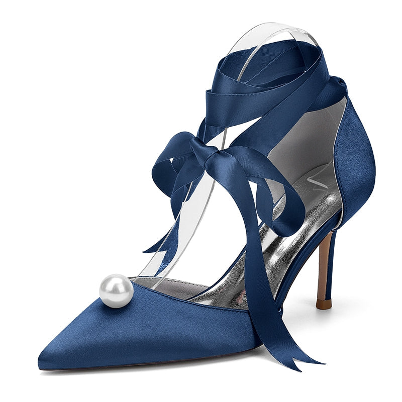 Women's Wedding Shoes Stiletto Heel Pointed Toe Ankle Straps Bridal Shoes with Pearl