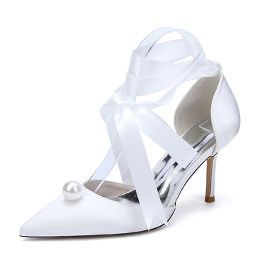Women's Wedding Shoes Stiletto Heel Pointed Toe Ankle Straps Bridal Shoes with Pearl