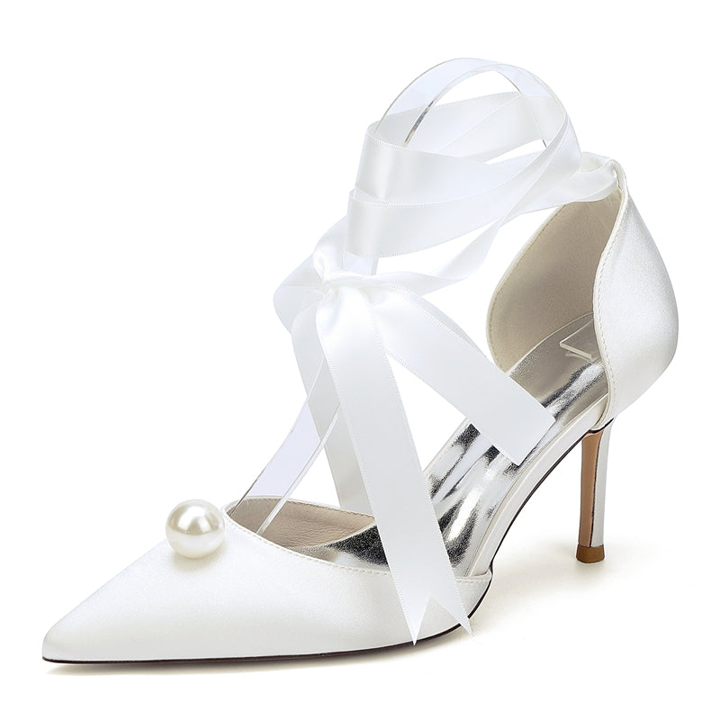 Women's Wedding Shoes Stiletto Heel Pointed Toe Ankle Straps Bridal Shoes with Pearl