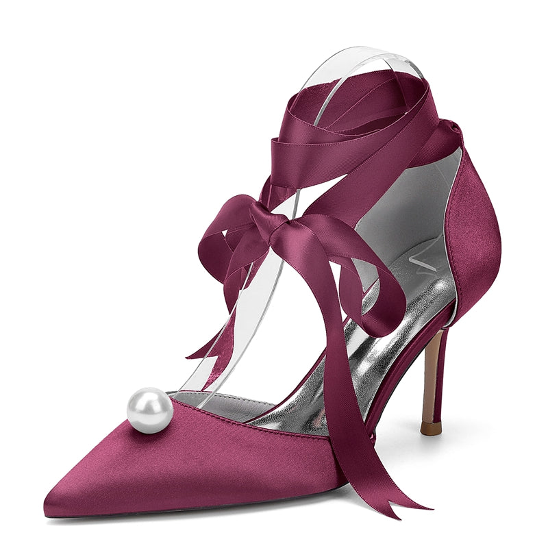 Women's Wedding Shoes Stiletto Heel Pointed Toe Ankle Straps Bridal Shoes with Pearl