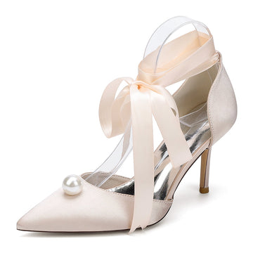 Women's Wedding Shoes Stiletto Heel Pointed Toe Ankle Straps Bridal Shoes with Pearl