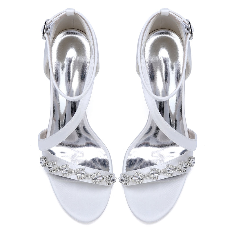 Women's Wedding Shoes Stiletto Heel Opened Toe Slanted Straps Buckle Bridal Shoes with Rhinestones