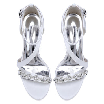 Women's Wedding Shoes Stiletto Heel Opened Toe Slanted Straps Buckle Bridal Shoes with Rhinestones