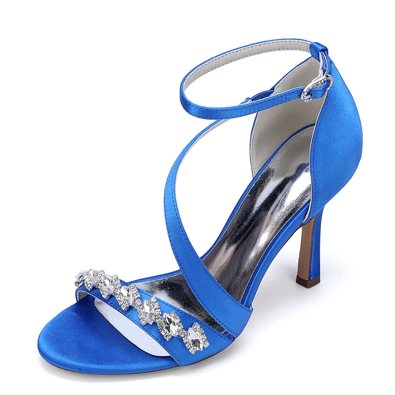Women's Wedding Shoes Stiletto Heel Opened Toe Slanted Straps Buckle Bridal Shoes with Rhinestones