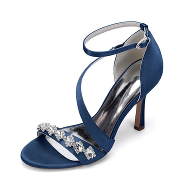 Women's Wedding Shoes Stiletto Heel Opened Toe Slanted Straps Buckle Bridal Shoes with Rhinestones