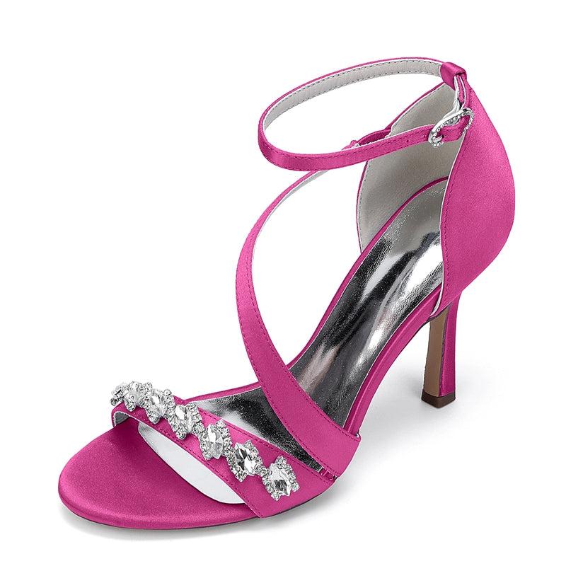 Women's Wedding Shoes Stiletto Heel Opened Toe Slanted Straps Buckle Bridal Shoes with Rhinestones