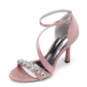 Women's Wedding Shoes Stiletto Heel Opened Toe Slanted Straps Buckle Bridal Shoes with Rhinestones