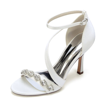 Women's Wedding Shoes Stiletto Heel Opened Toe Slanted Straps Buckle Bridal Shoes with Rhinestones