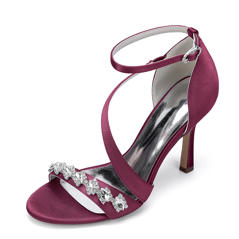 Women's Wedding Shoes Stiletto Heel Opened Toe Slanted Straps Buckle Bridal Shoes with Rhinestones